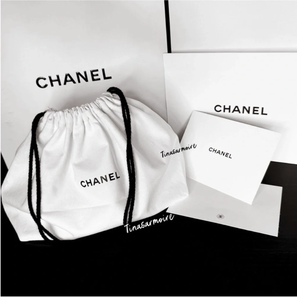 CHANEL White Drawstring Dust Bag with Black Cord